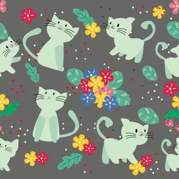 Cute Cat seamless pattern with flower on colorful background Vector illustrat Stock-Illustration