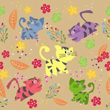 Cute Cat seamless pattern with flower on colorful background Vector illustrat Stock Illustration