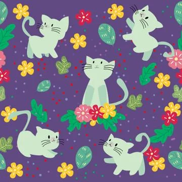 Cute Cat seamless pattern with flower on colorful background Vector illustrat 스톡 일러스트