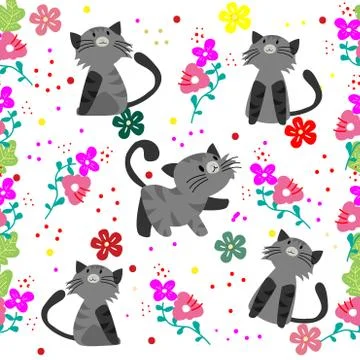 Cute Cat seamless pattern with flower on colorful background Vector illustrat Stock Illustration