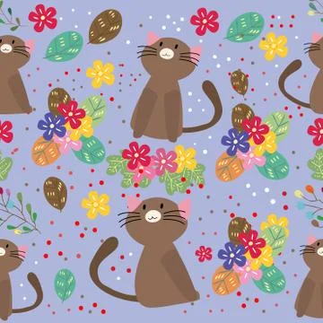 Cute Cat seamless pattern with flower on colorful background Vector illustrat Stock Illustration