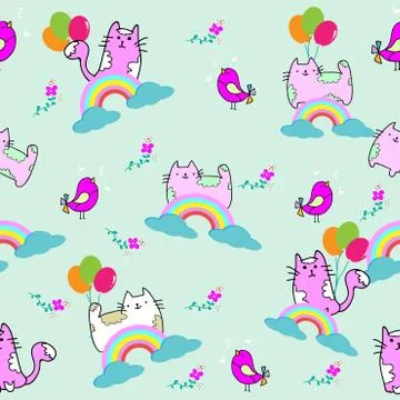 Cute Cat seamless pattern with Little Bird on colorful background Vector illu Stock Illustration