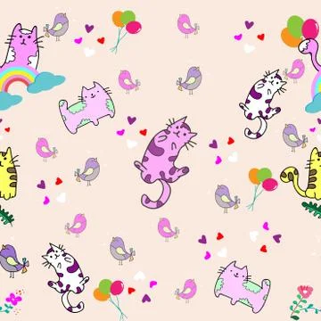 Cute Cat seamless pattern with Little Bird on colorful background Vector illu Illustrazione stock