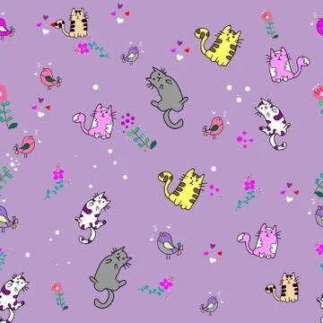 Cute Cat seamless pattern with Little Bird on colorful background Vector illu Stock Illustration