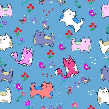Cute Cat seamless pattern with Little Bird on colorful background Vector illu Stock Illustration