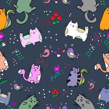 Cute Cat seamless pattern with Little Bird on colorful background Vector illu Stock Illustration