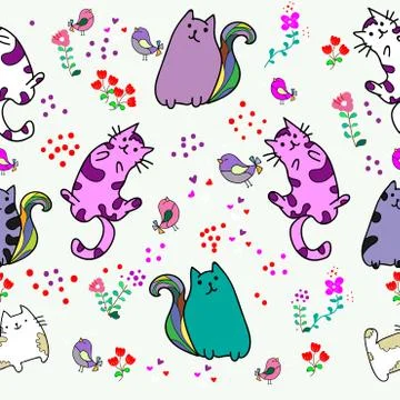 Cute Cat seamless pattern with Little Bird on colorful background Vector illu Stock Illustration