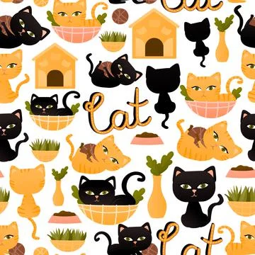 Cute cat seamless pattern for textile or wallpaper for kids with plants, colo Stock Illustration