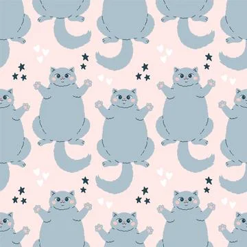 Cute cat seamless pattern vector design. Cute funny blue cats isolated on pink Stock Illustration