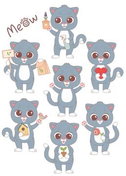 Cute cat set with spring flower and heart, vector Illustrazione stock