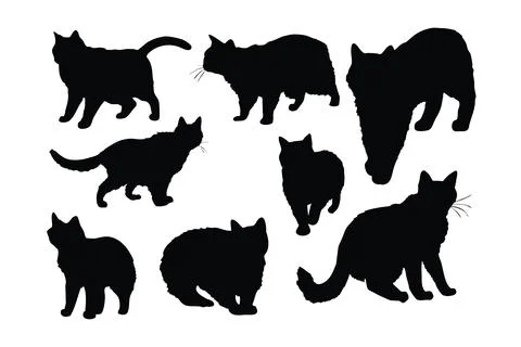 Cute cat silhouette vector bundle in different positions. Cat walking in di.. Stock Illustration