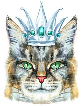 Cute cat in silver crown. Cat for t-shirt graphics. Watercolor Maine Coon cat Stock Illustration