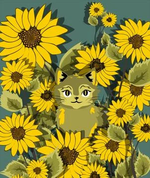 Cute cat sits peacefully among sunflowers plants. Stock Illustration