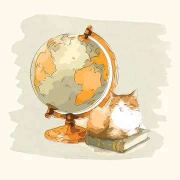 Cute Cat Sitting on Book with Globe Watercolor Illustration Stock Illustration