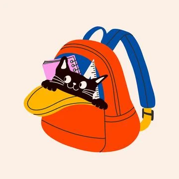 Cute cat sitting inside a school backpack with playful Illustrazione stock