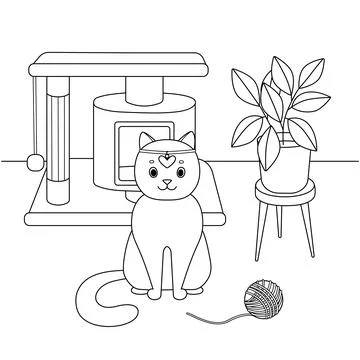 Cute cat sitting next to his game town, room Stock Illustration