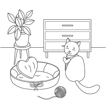 Cute cat sitting next to his pillow, room, flower Stock Illustration