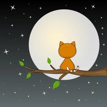 Cute cat is sitting on the tree and looks at the moon. Stock Illustration