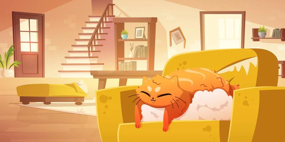 Cute cat sleep on broken sofa with torn upholstery Stock Illustration