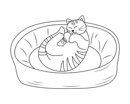 Cute cat sleeping in cat bed in doodle style. Sleepy relaxed feline animal .. Stock Illustration