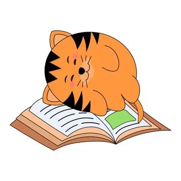 Cute cat sleeping open book reading vector illustration isolated white Stock Illustration