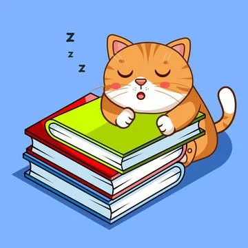 Cute Cat Sleeping on Stack of Books Vector Illustration Kawaii Animal Иллюстрация