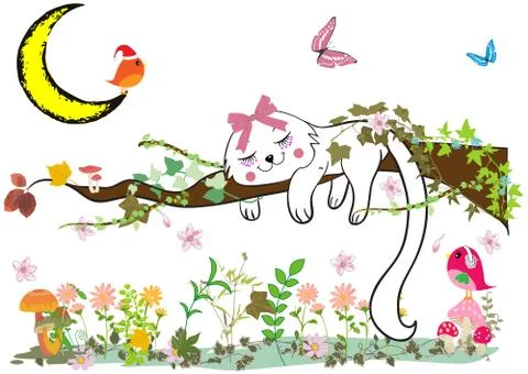 Cute cat sleeping on the tree Illustrazione stock
