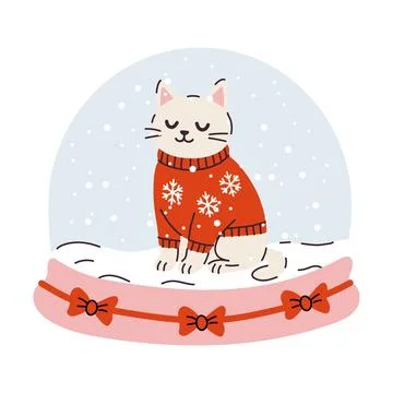 Cute Cat in Snow Globe with Red Sweater and Snowflakes Illustrazione stock