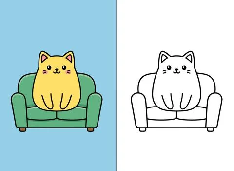 Cute cat on sofa coloring page for kids cozy pet activity printable vector Stock Illustration