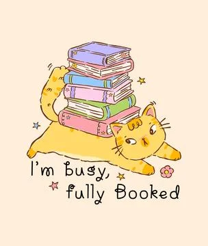 Cute Cat with Stack Books, Introvert Bookish Quote Fully Booked Sticker Pri.. Stock Illustration