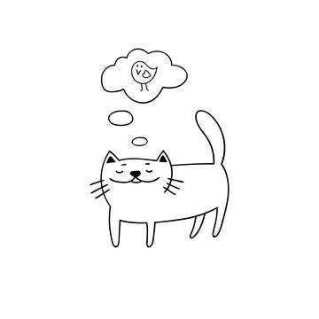 Cute cat thinks about a bird. Back and white hand drawn illustration. Stock Illustration