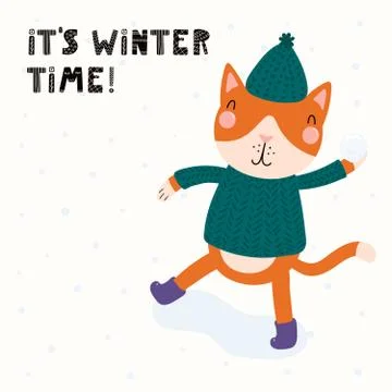 Cute cat throwing snowball Stock Illustration