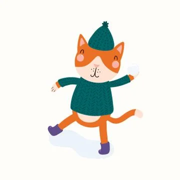 Cute cat throwing snowball Stock Illustration