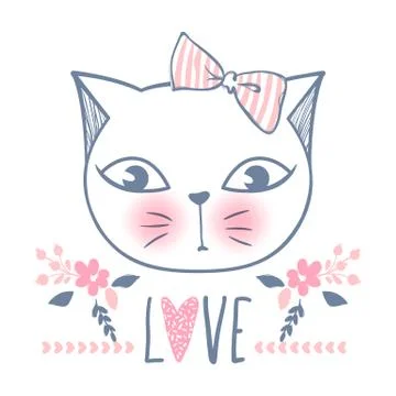 Cute cat vector design. Girly kittens. Fashion Cat's face. Stock Illustration