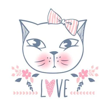 Cute cat vector design. Girly kittens. Fashion Cat's face. Stock Illustration
