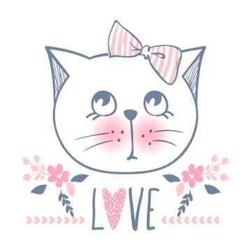 Cute cat vector design. Girly kittens. Fashion Cat's face. Stock Illustration