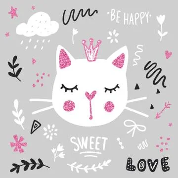 Cute cat vector illustration. Girly kittens. Fashion Cat's face. Stock Illustration
