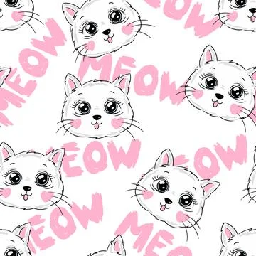 Cute cat vector illustration seamless pattern, children print design, white Illustrazione stock