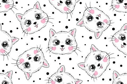 Cute cat vector illustration seamless pattern, children print design, white Illustrazione stock