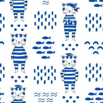 Cute cat vector seamless pattern. Stock Illustration