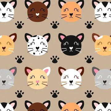 Cute cat vector seamless pattern, simple doodle kitty face background wallpap Illustrazione stock