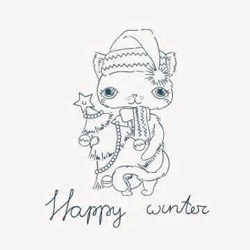 Cute cat in a warm hat with New Year tree. Coloring page or print for cards. Stock Illustration