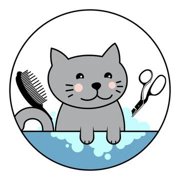Cute cat washes itself and scissors comb Stock Illustration