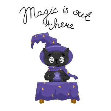 Cute cat in a witch hat and cloak casting a spell on a magic ball isolated on Stock Illustration