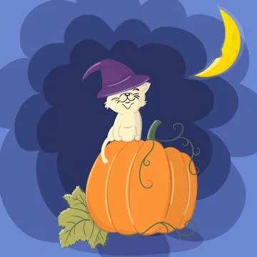 Cute cat in a witch hat sitting on a Halloween pumpkin. Stock Illustration