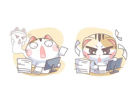 Cute cat working in busy Stock Illustration