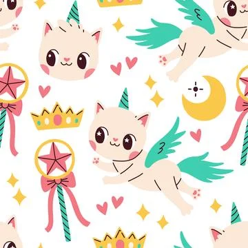 Cute caticorn seamless pattern on white background. Vector for birthday 스톡 일러스트