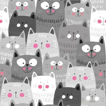 Cute cats, colorful seamless pattern background with cats Stock Illustration