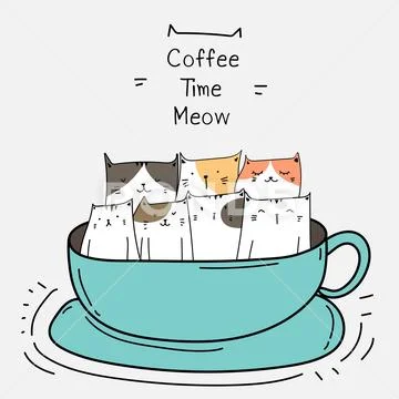 Cute Cats In The Cup. Coffee Time Vector Illustration.
