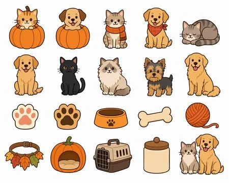 Cute Cats Dogs and Pumpkins Autumn Pet Icon Set Vector Stock Illustration
